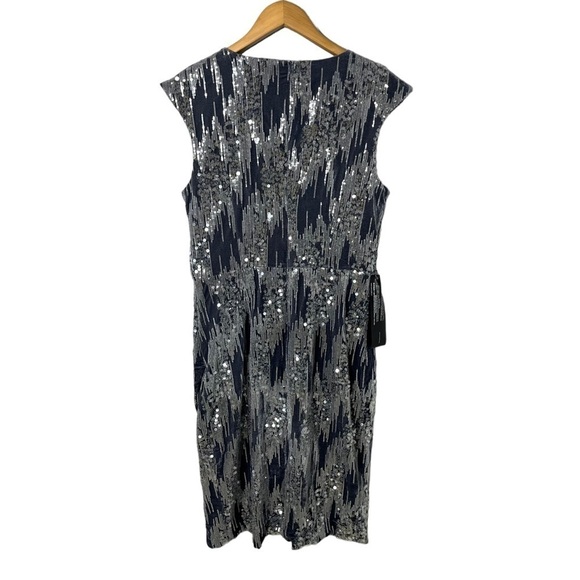 JS Collection June Faux Wrap MIDI Dress Size 12 Gray Blue Cap Sleeve Velvet - Picture 6 of 12